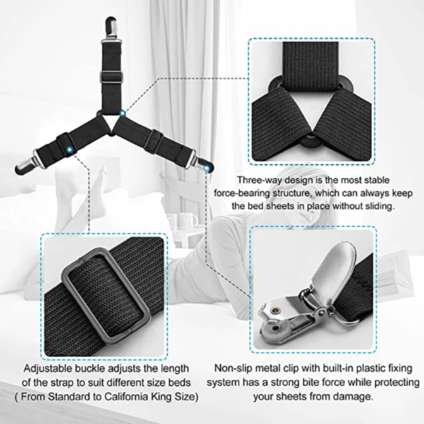 Bed Sheet Fasteners, 4 PCS Adjustable Triangle Elastic Suspenders Gripper  Holder Straps Clip for Bed Sheets,Mattress Covers, Sofa Cushion